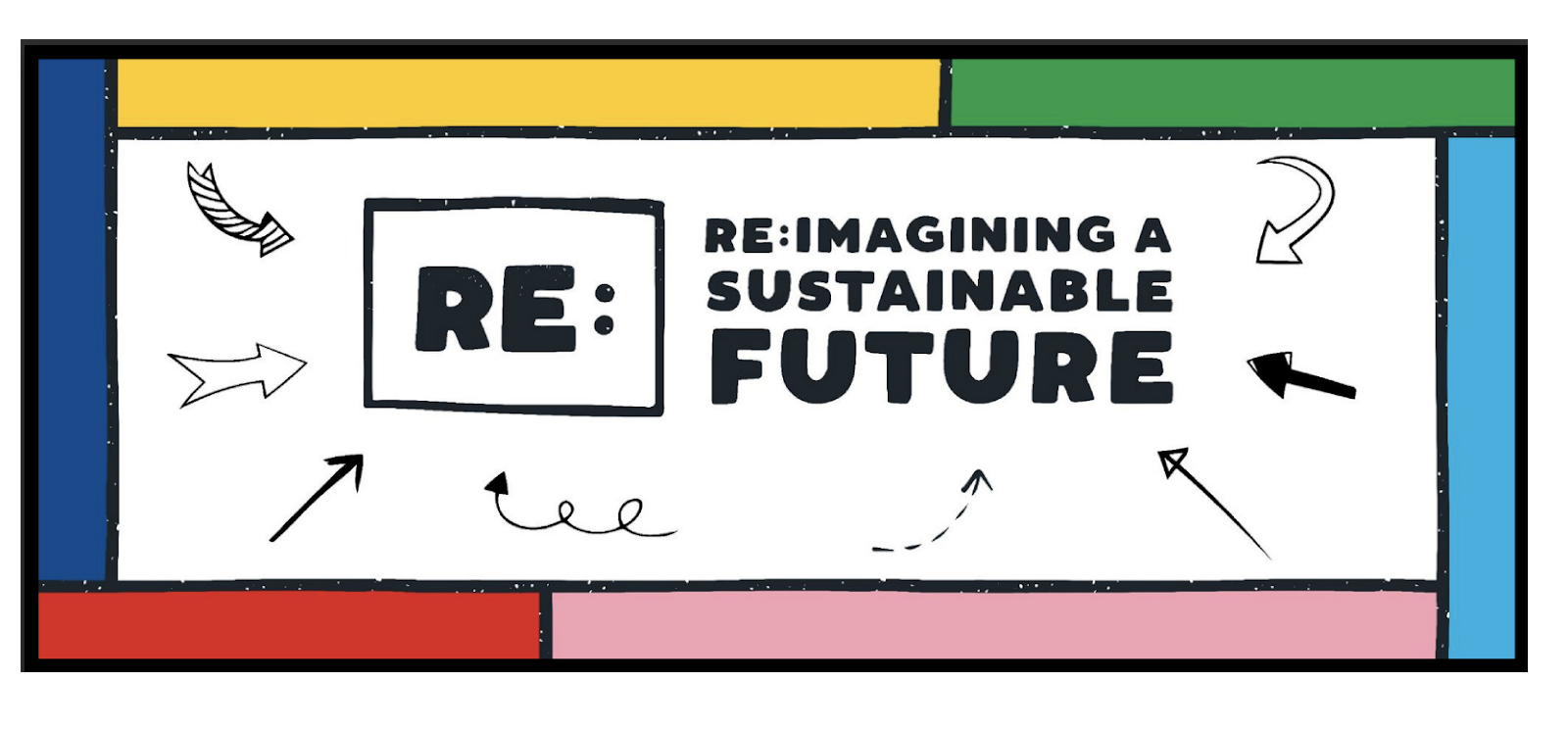RE:Imagining a sustainable future logo with arrows and colourful blocks